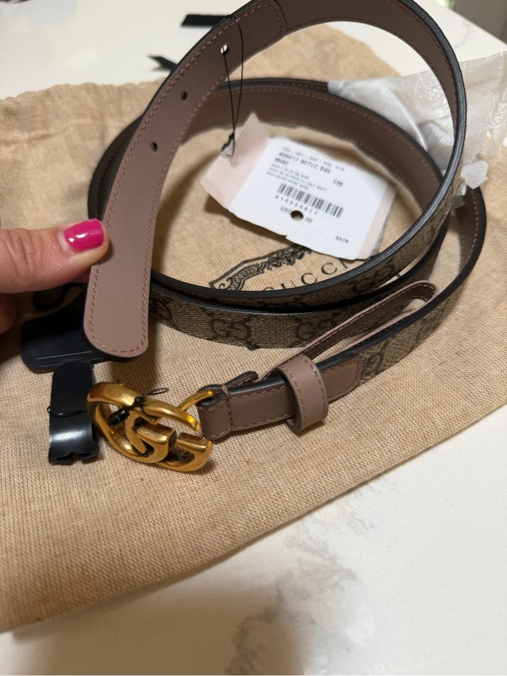 Gucci Brown GG Supreme Canvas Belt with Taupe Leather & Gold Double G Buckle